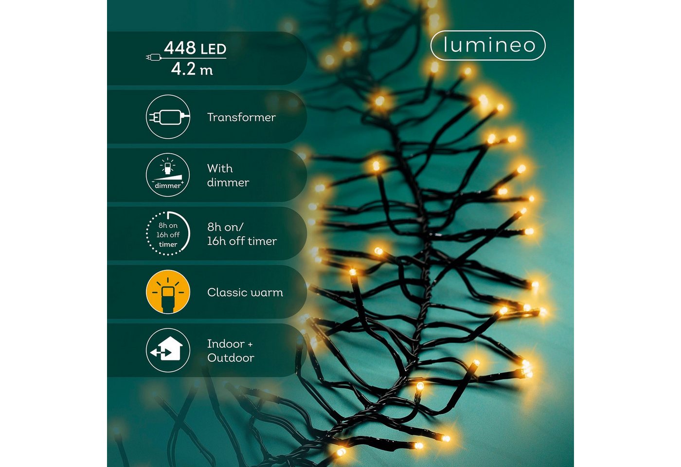 Lumineo LED-Lichterkette Lumineo Lichterkette CLUSTER 448 LED 4,2 m klassisch warm, schwarz, Indoor/Outdoor, dimmbar, 8h-Timer, + 5 m Zuleitung Bild 5
