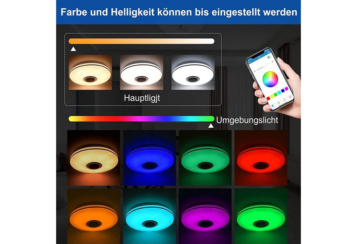 oyajia Deckenleuchte LED Deckenlampe, mit Bluetooth Lautsprecher, RGB, Fernbedienung, APP, LED fest integriert, RGB, Tageslichtweiß, LED Deckenleuchte,Ø 30cm,für Badezimmer Schlafzimmer Wohnzimmer Bild 3