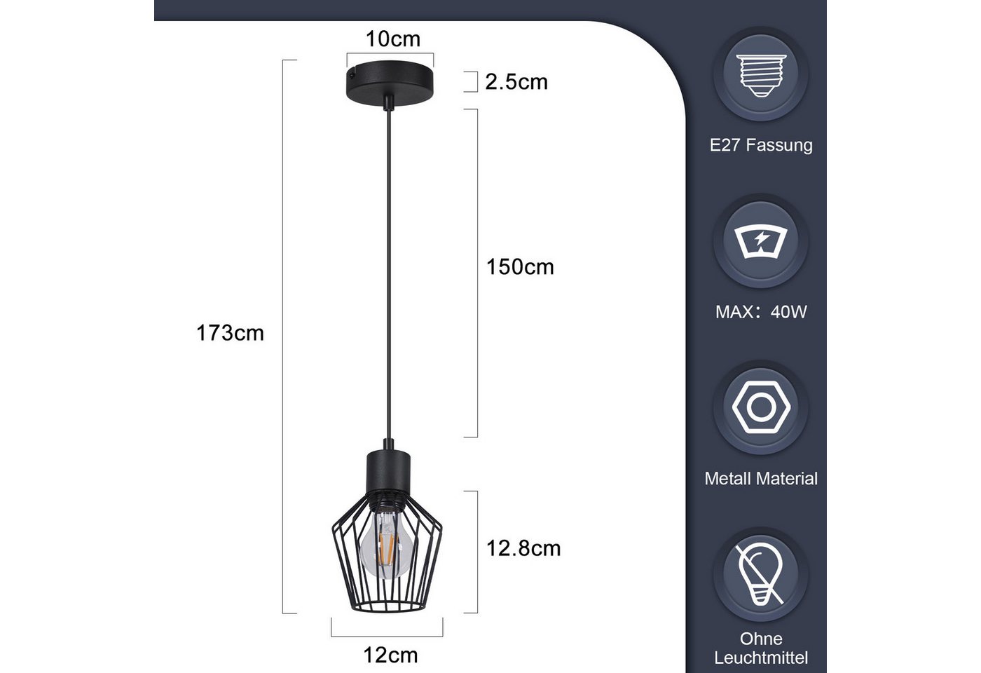Nettlife Pendelleuchte Retro Schwarz Esstisch E27 Metall Industrie Stil Hängelampe, ohne Leuchtmittel, Wohnzimmer Küche Schlafzimmer Cafe