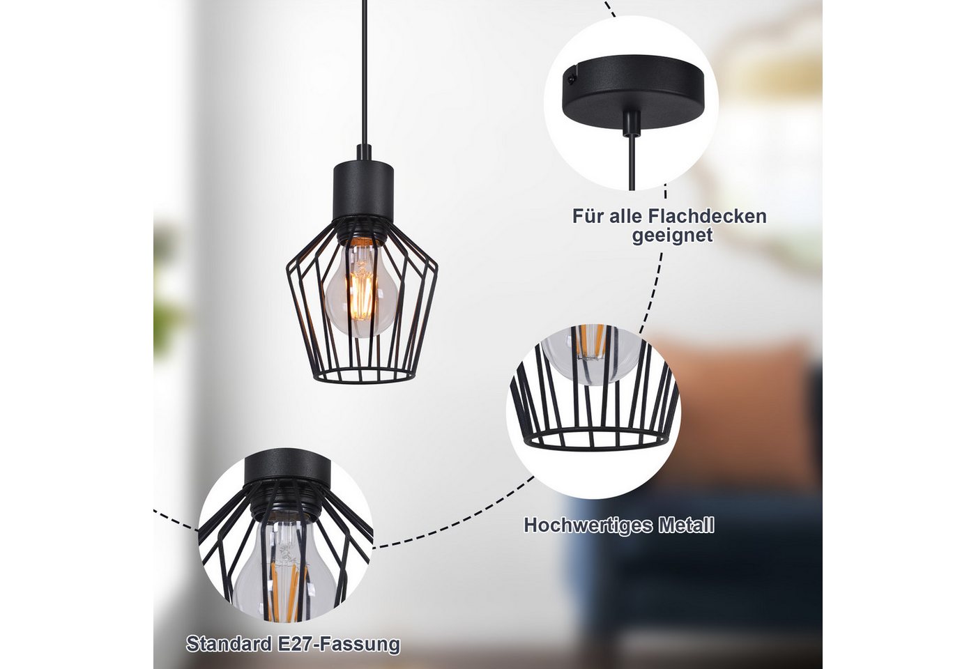 Nettlife Pendelleuchte Retro Schwarz Esstisch E27 Metall Industrie Stil Hängelampe, ohne Leuchtmittel, Wohnzimmer Küche Schlafzimmer Cafe Bild 2