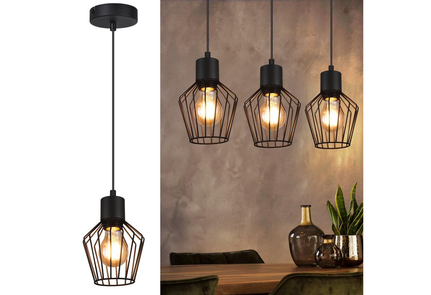Nettlife Pendelleuchte Retro Schwarz Esstisch E27 Metall Industrie Stil Hängelampe, ohne Leuchtmittel, Wohnzimmer Küche Schlafzimmer Cafe Bild 3