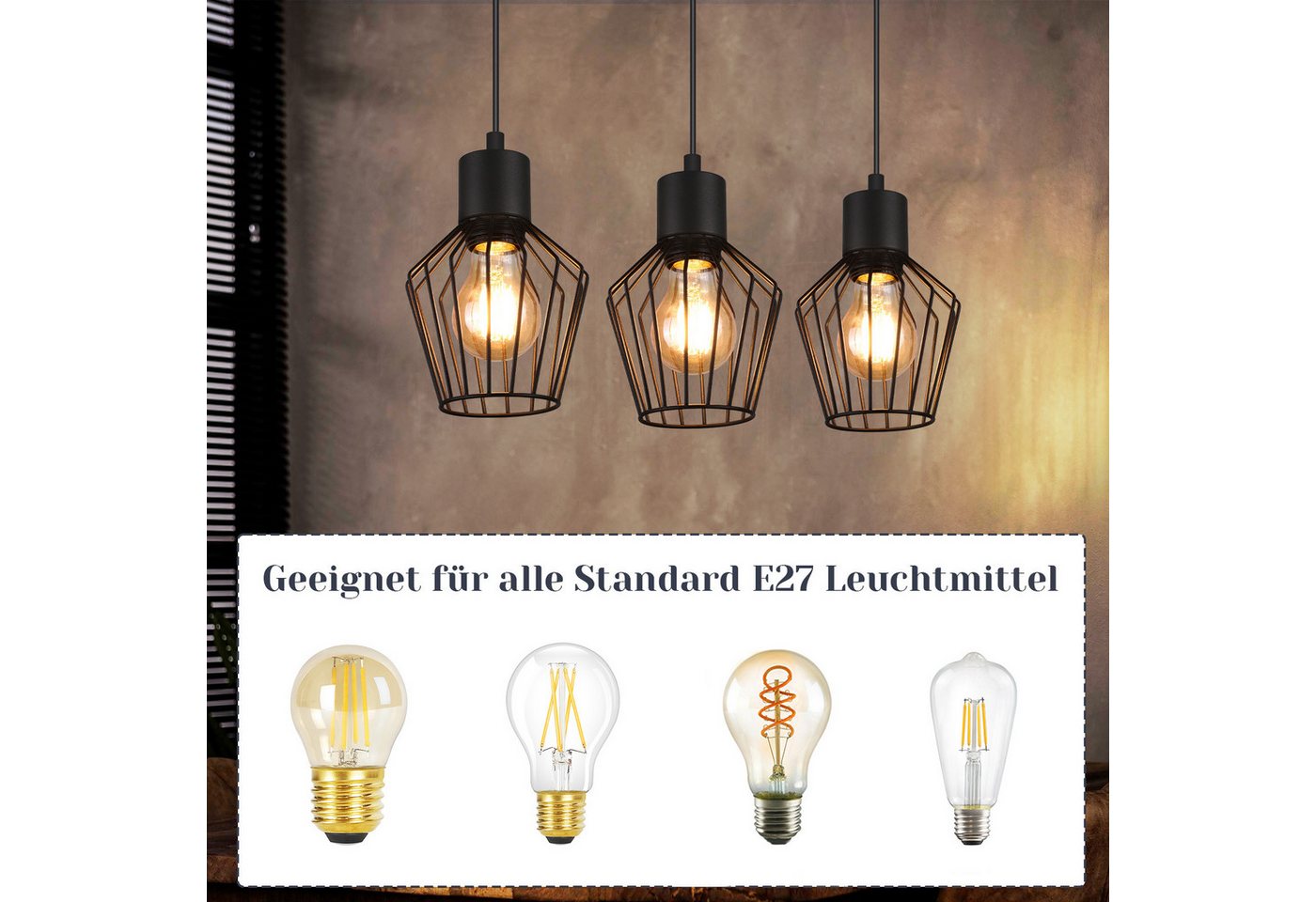 Nettlife Pendelleuchte Retro Schwarz Esstisch E27 Metall Industrie Stil Hängelampe, ohne Leuchtmittel, Wohnzimmer Küche Schlafzimmer Cafe Bild 4