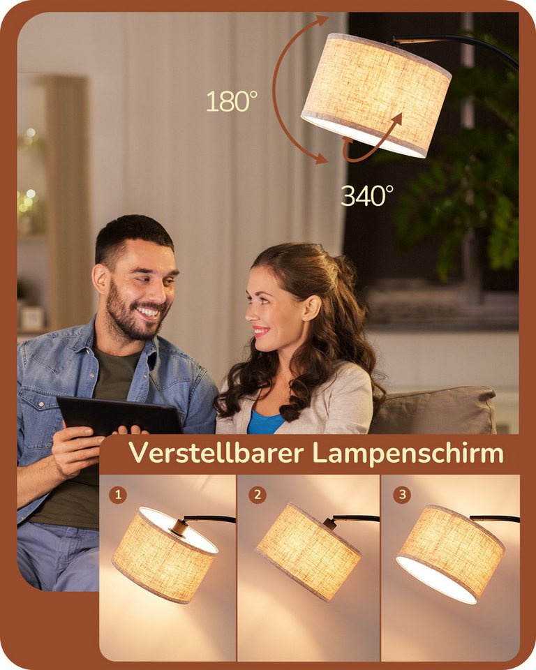 EDISHINE Stehlampe Wohnzimmer, mit E27 LED-Glühbirne, warmweiß, 161cm Bogenlampe mit verstellbarem Leinen-Lampenschirm, Schwarz