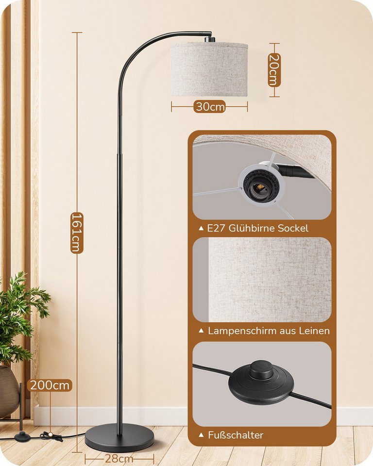 EDISHINE Stehlampe Wohnzimmer, mit E27 LED-Glühbirne, warmweiß, 161cm Bogenlampe mit verstellbarem Leinen-Lampenschirm, Schwarz Bild 3