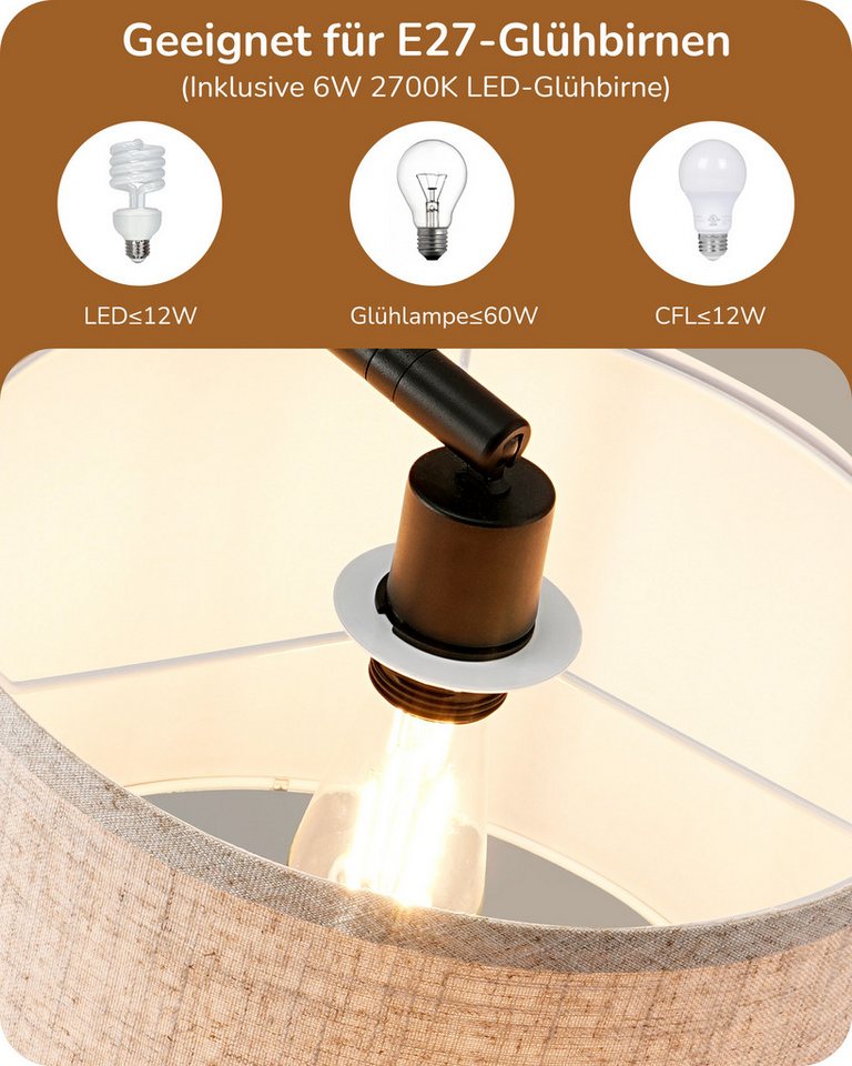 EDISHINE Stehlampe Wohnzimmer, mit E27 LED-Glühbirne, warmweiß, 161cm Bogenlampe mit verstellbarem Leinen-Lampenschirm, Schwarz Bild 4