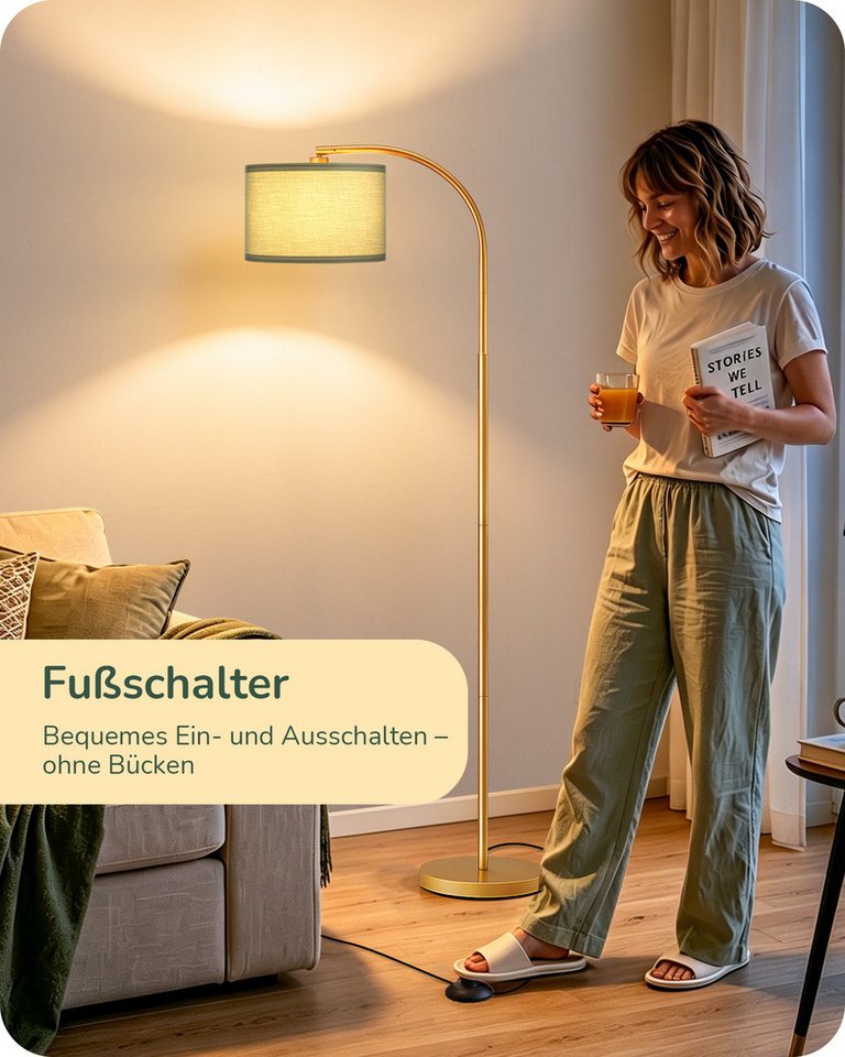 EDISHINE Stehlampe Wohnzimmer, mit E27 LED-Glühbirne, warmweiß, 161cm Bogenlampe mit Leinen-Lampenschirm, Gold/Grün