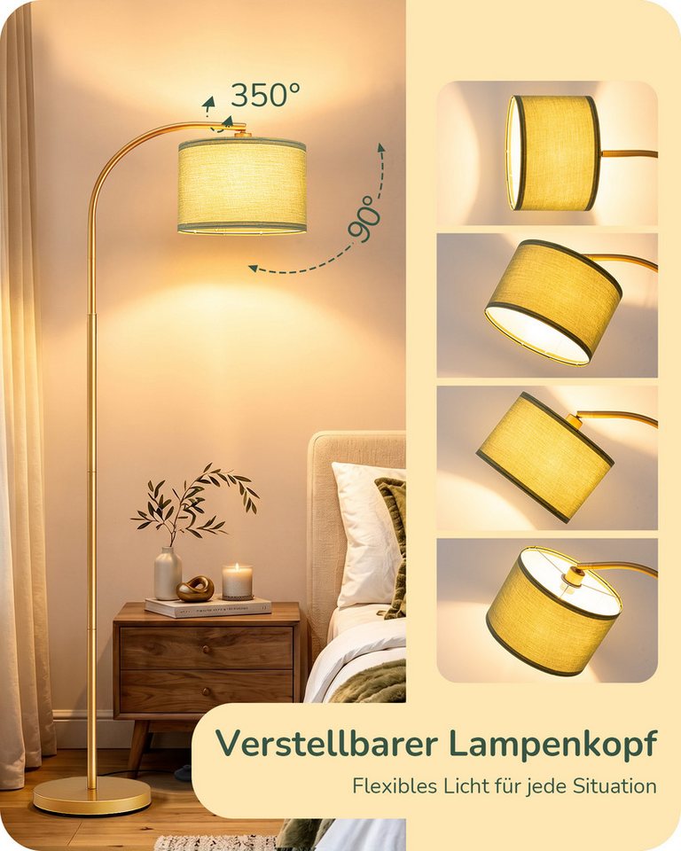 EDISHINE Stehlampe Wohnzimmer, mit E27 LED-Glühbirne, warmweiß, 161cm Bogenlampe mit Leinen-Lampenschirm, Gold/Grün Bild 2