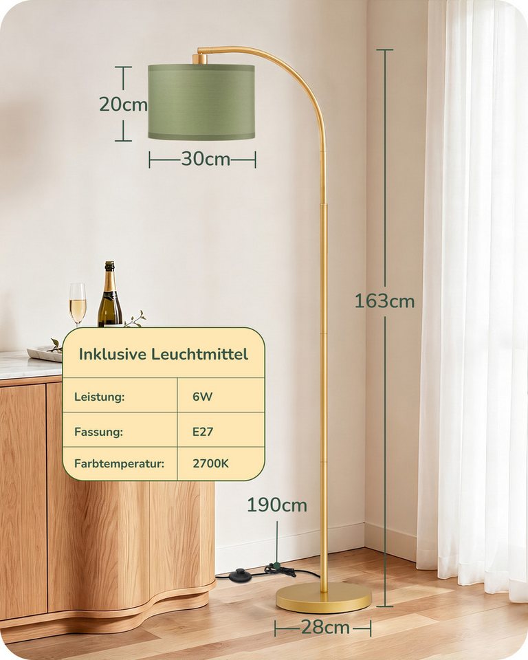 EDISHINE Stehlampe Wohnzimmer, mit E27 LED-Glühbirne, warmweiß, 161cm Bogenlampe mit Leinen-Lampenschirm, Gold/Grün Bild 4