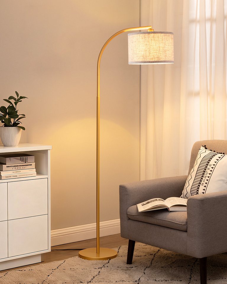 EDISHINE Stehlampe Wohnzimmer, mit E27 LED-Glühbirne, warmweiß, 161cm Bogenlampe mit Leinen-Lampenschirm, Gold