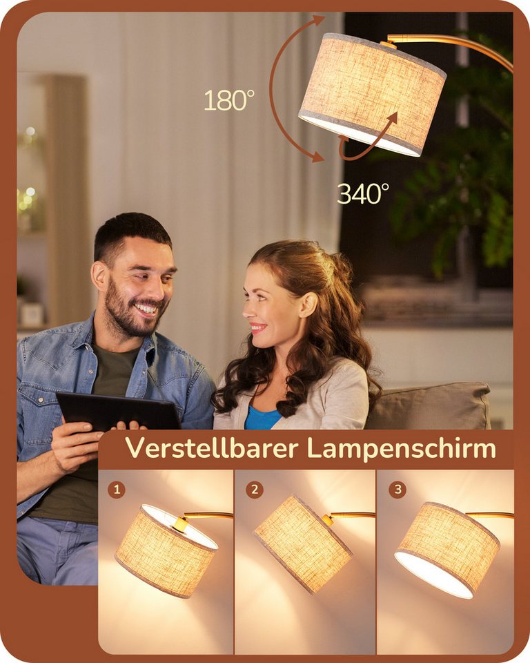 EDISHINE Stehlampe Wohnzimmer, mit E27 LED-Glühbirne, warmweiß, 161cm Bogenlampe mit Leinen-Lampenschirm, Gold Bild 2