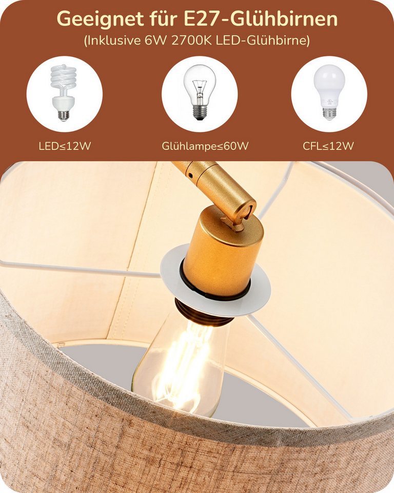 EDISHINE Stehlampe Wohnzimmer, mit E27 LED-Glühbirne, warmweiß, 161cm Bogenlampe mit Leinen-Lampenschirm, Gold Bild 4