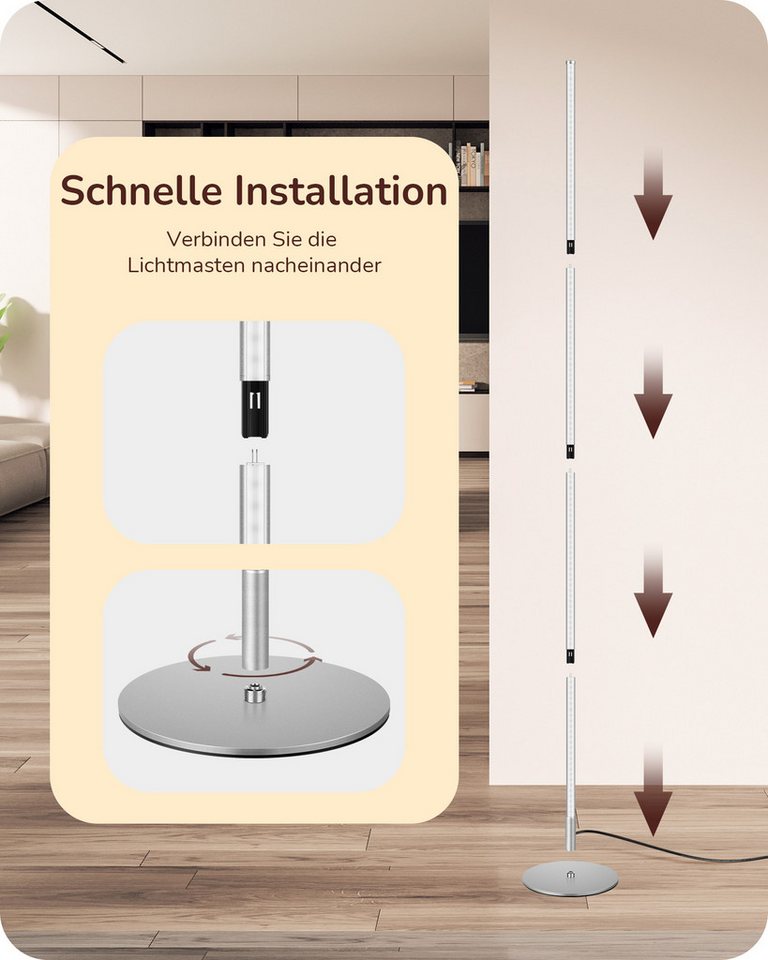 EDISHINE LED Stehlampe Wohnzimmer dimmbar, LED fest integriert, warmweiß, Minimalistische Stehleuchte, Silber