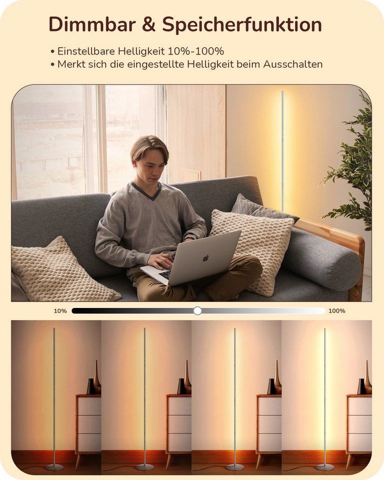 EDISHINE LED Stehlampe Wohnzimmer dimmbar, LED fest integriert, warmweiß, Minimalistische Stehleuchte, Silber Bild 2