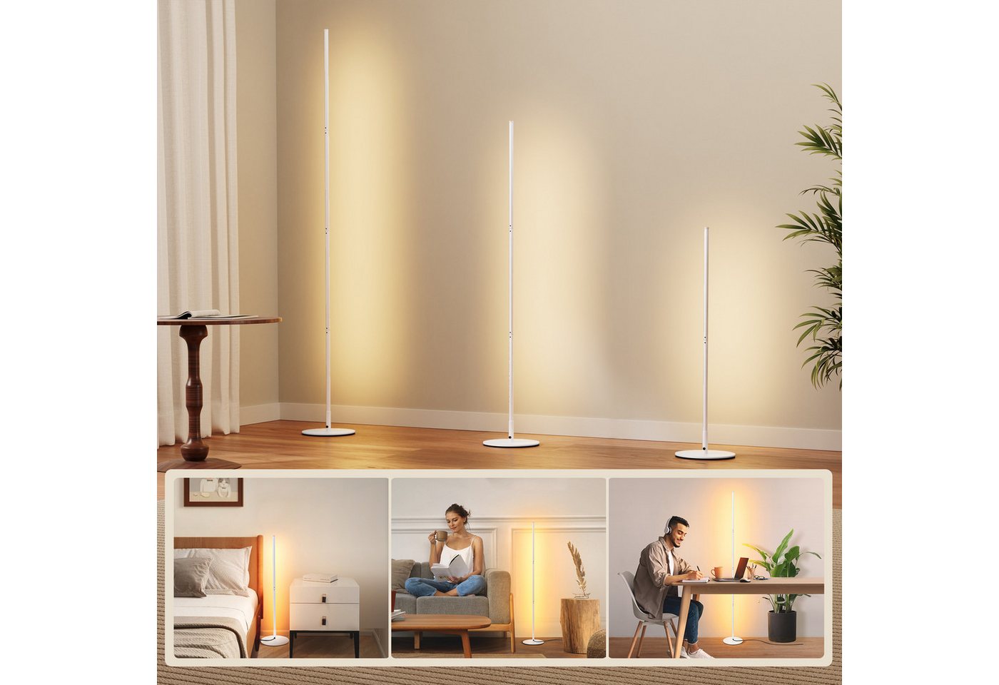 EDISHINE LED Stehlampe Wohnzimmer dimmbar, LED fest integriert, warmweiß, Minimalistische Stehleuchte, Weiß