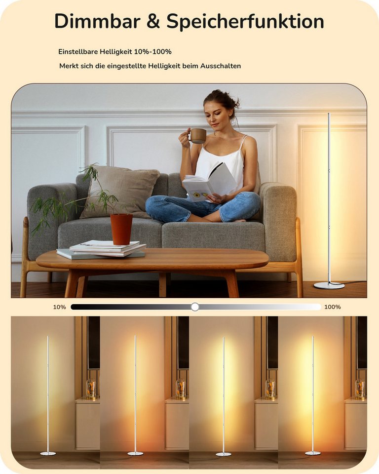 EDISHINE LED Stehlampe Wohnzimmer dimmbar, LED fest integriert, warmweiß, Minimalistische Stehleuchte, Weiß Bild 4