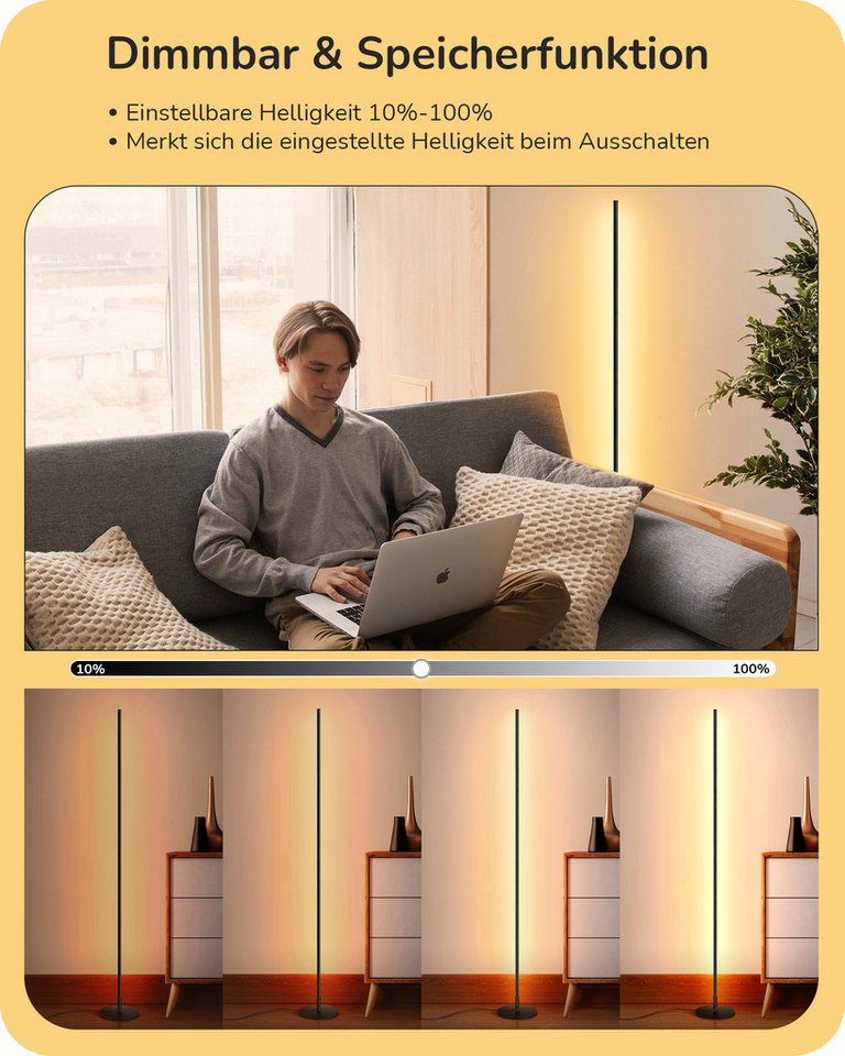 EDISHINE LED Stehlampe Wohnzimmer dimmbar, LED fest integriert, warmweiß, Minimalistische Stehleuchte, Schwarz Bild 3
