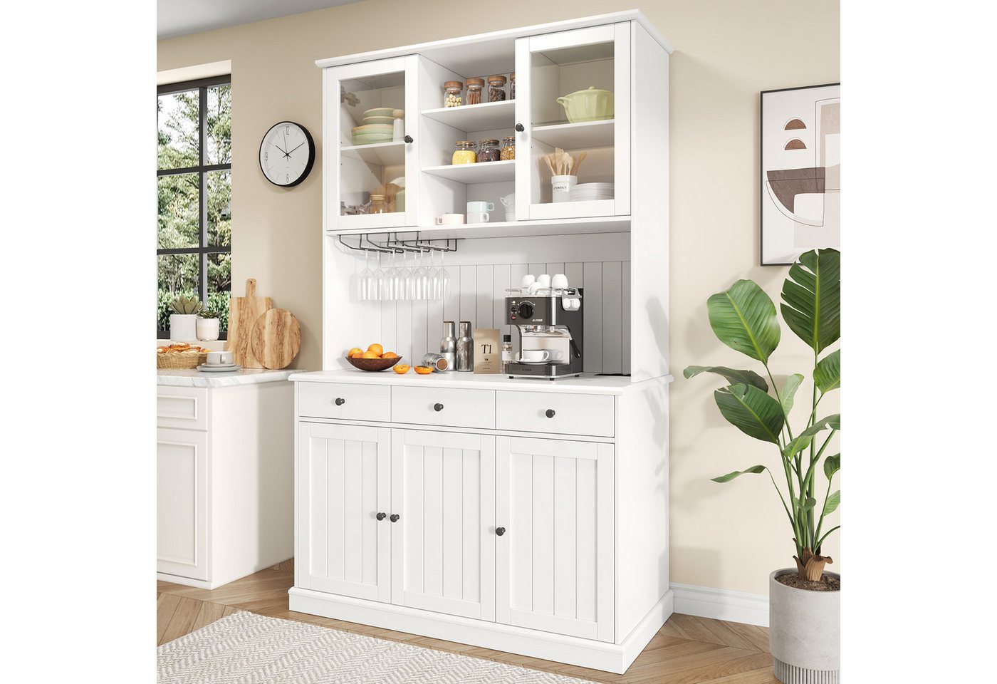 KLAM HOME Küchenbuffet Weißer Esszimmer-Hochschrank mit Glastüren und Ladeanschlüssen (Buffetschrank 120×40×191cm mit Steckdosen, USB-A & USB-C) Stauraumreicher Küchenschrank mit verstellbaren Glasböden