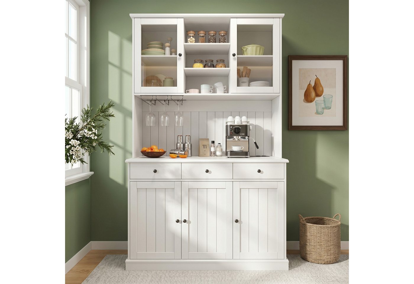 KLAM HOME Küchenbuffet Weißer Esszimmer-Hochschrank mit Glastüren und Ladeanschlüssen (Buffetschrank 120×40×191cm mit Steckdosen, USB-A & USB-C) Stauraumreicher Küchenschrank mit verstellbaren Glasböden Bild 2
