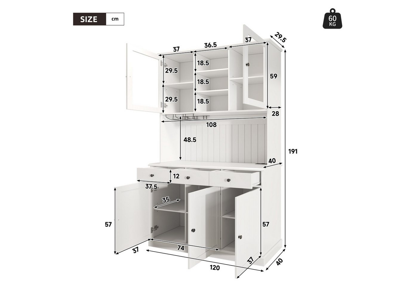 KLAM HOME Küchenbuffet Weißer Esszimmer-Hochschrank mit Glastüren und Ladeanschlüssen (Buffetschrank 120×40×191cm mit Steckdosen, USB-A & USB-C) Stauraumreicher Küchenschrank mit verstellbaren Glasböden Bild 3