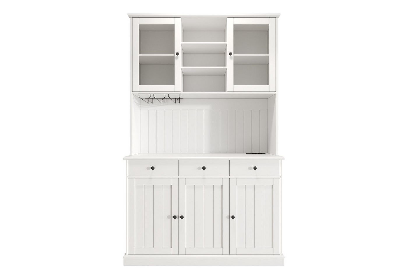 KLAM HOME Küchenbuffet Weißer Esszimmer-Hochschrank mit Glastüren und Ladeanschlüssen (Buffetschrank 120×40×191cm mit Steckdosen, USB-A & USB-C) Stauraumreicher Küchenschrank mit verstellbaren Glasböden Bild 4