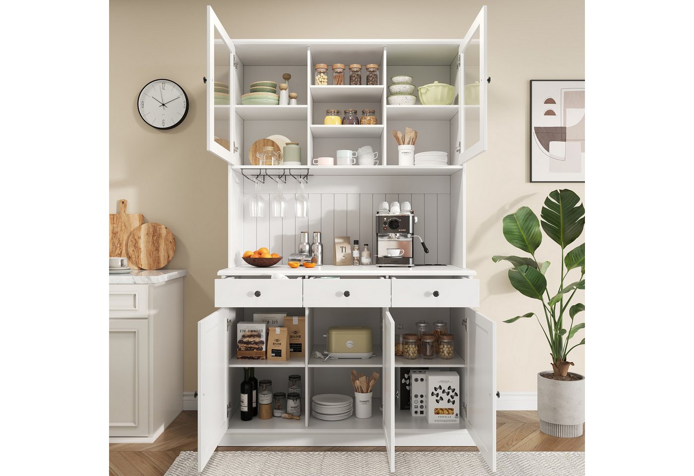 KLAM HOME Küchenbuffet Weißer Esszimmer-Hochschrank mit Glastüren und Ladeanschlüssen (Buffetschrank 120×40×191cm mit Steckdosen, USB-A & USB-C) Stauraumreicher Küchenschrank mit verstellbaren Glasböden Bild 5