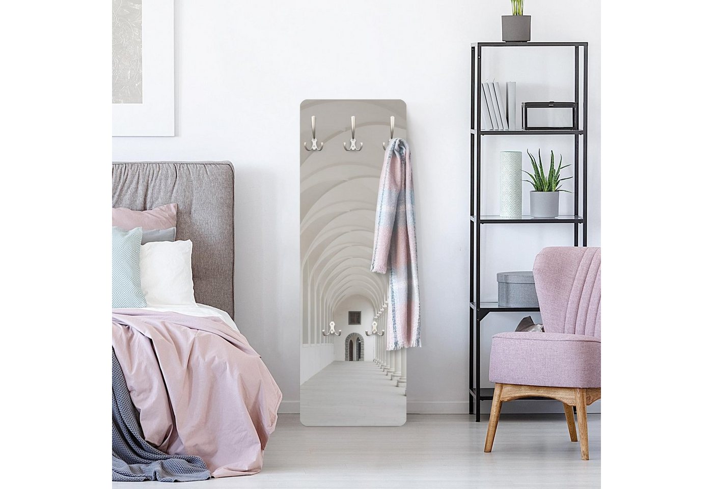 Bilderdepot24 Garderobenpaneel Design 3D-Optik Städte Skyline Arkaden (ausgefallenes Flur Wandpaneel mit Garderobenhaken Kleiderhaken hängend), moderne Wandgarderobe - Flurgarderobe im schmalen Hakenpaneel Design Bild 3