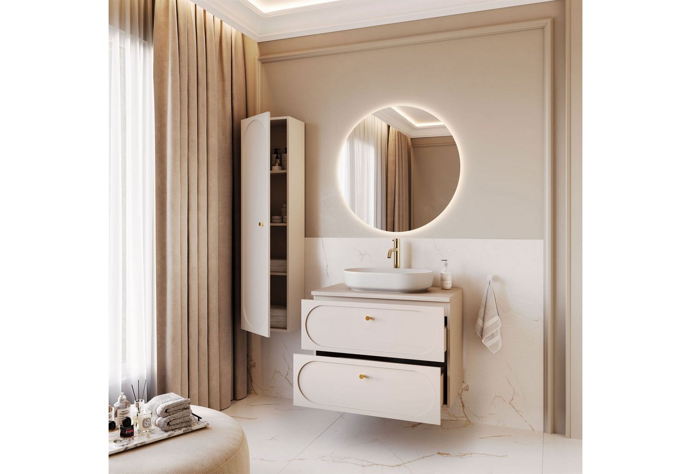 Lookway Badmöbel-Set IVORY 80 cm mit Soft-Close & Waschbecken, (Badezimmer-Set mit wählbarem Spiegel, Becken und Armatur), Breite: 80 cm, Tiefe: 46cm, Höhe: 57 cm