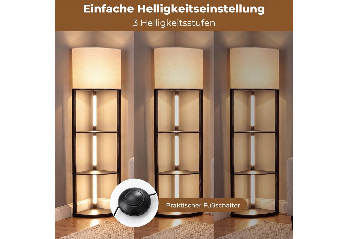 COSTWAY Stehlampe, 159cm mit Regalen, 3 Helligkeitseinstellungen, Fußschalter Bild 2