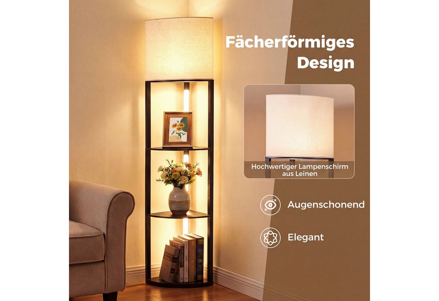 COSTWAY Stehlampe, 159cm mit Regalen, 3 Helligkeitseinstellungen, Fußschalter Bild 4