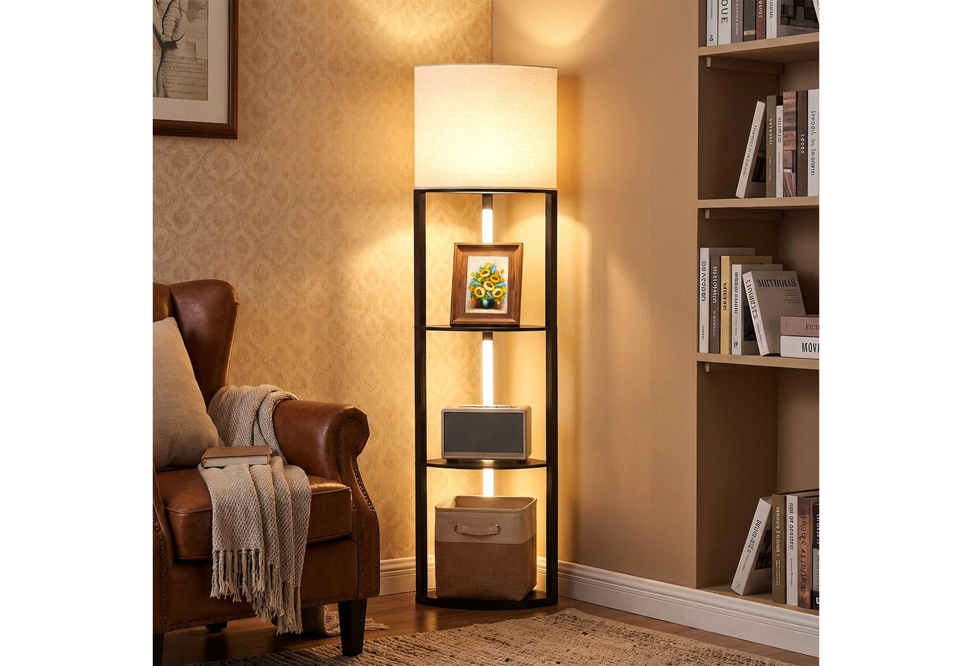 COSTWAY Stehlampe, 159cm mit Regalen, 3 Helligkeitseinstellungen, Fußschalter Bild 5
