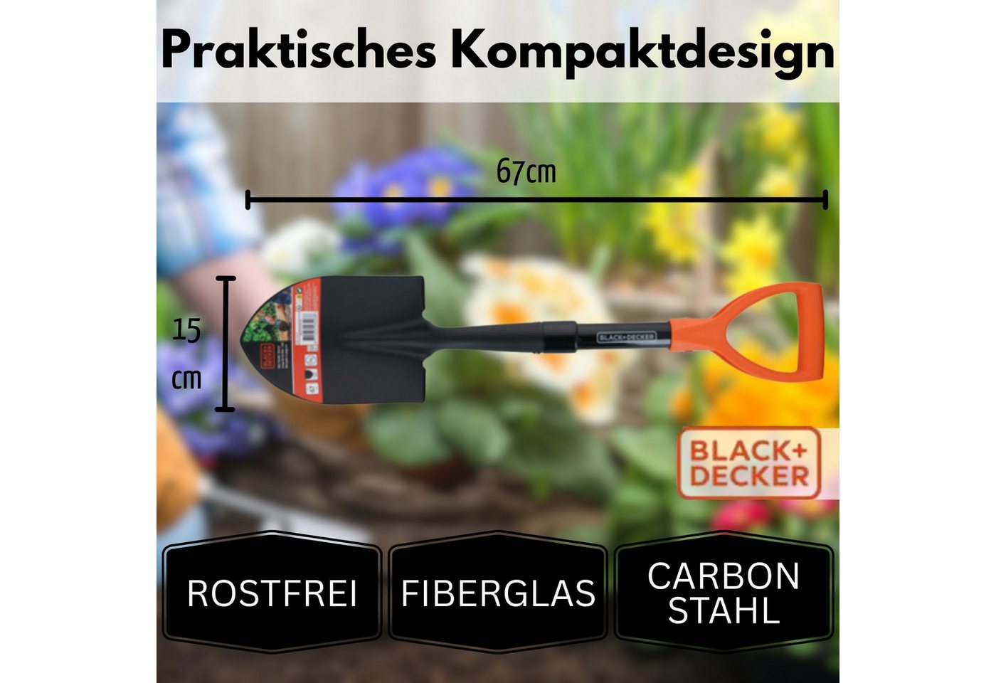 Black + Decker Schaufel BLACK+DECKER Schaufel 67cm klein Rostfrei Spaten Mini Fiberglas, Karbonstahl Fiberglas garten Bild 4