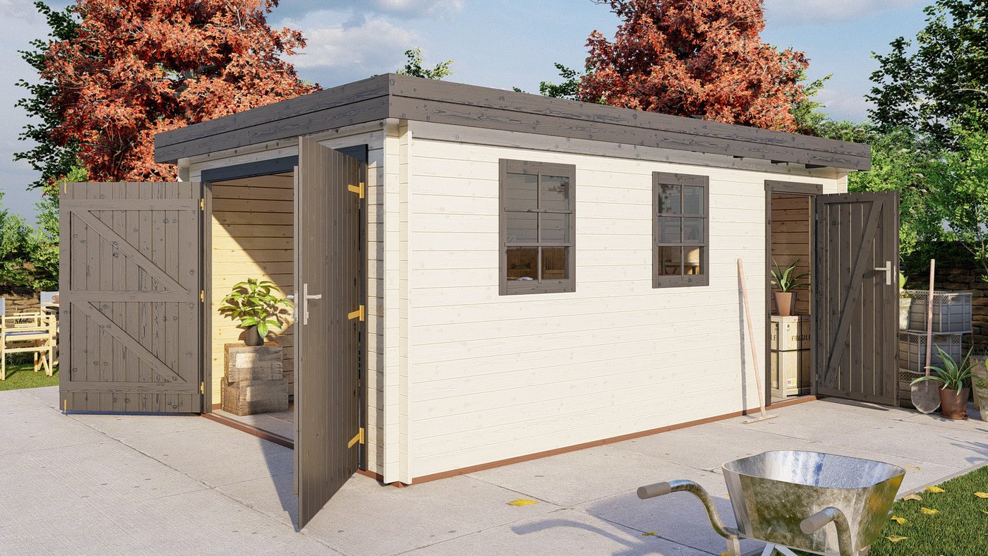 Finn Art Blockhaus Garage Flachdach Holzgarage Schweden 51 mit Holztor natur, ohne Fußboden, Einzelgarage aus Holz, mit Premium Dachbahn, mit Premiu