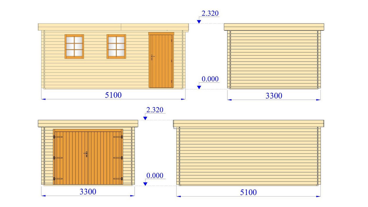 Finn Art Blockhaus Garage Flachdach Holzgarage Schweden 51 mit Holztor natur, ohne Fußboden, Einzelgarage aus Holz, mit Premium Dachbahn, mit Premiu Bild 2
