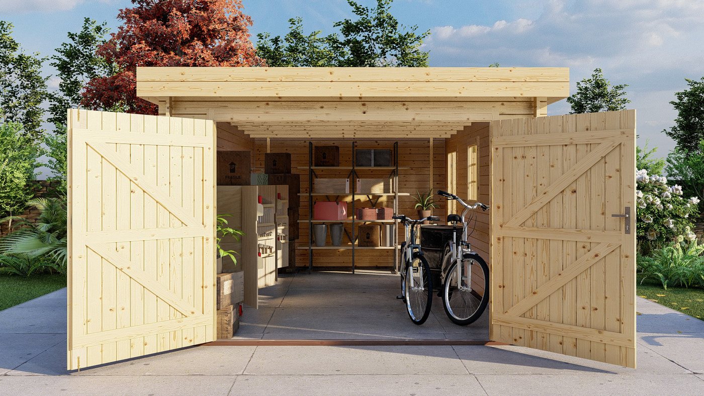 Finn Art Blockhaus Garage Flachdach Holzgarage Schweden 51 mit Holztor natur, ohne Fußboden, Einzelgarage aus Holz, mit Premium Dachbahn, mit Premiu Bild 3