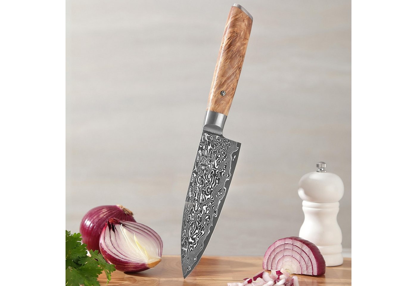 ZAYIKO Universalküchenmesser Kinone Damast Kleines Chef Küchenmesser 16 cm Klinge Wurzelholzgriff, schwarzer Damaststahl, VG10-Kern Bild 4