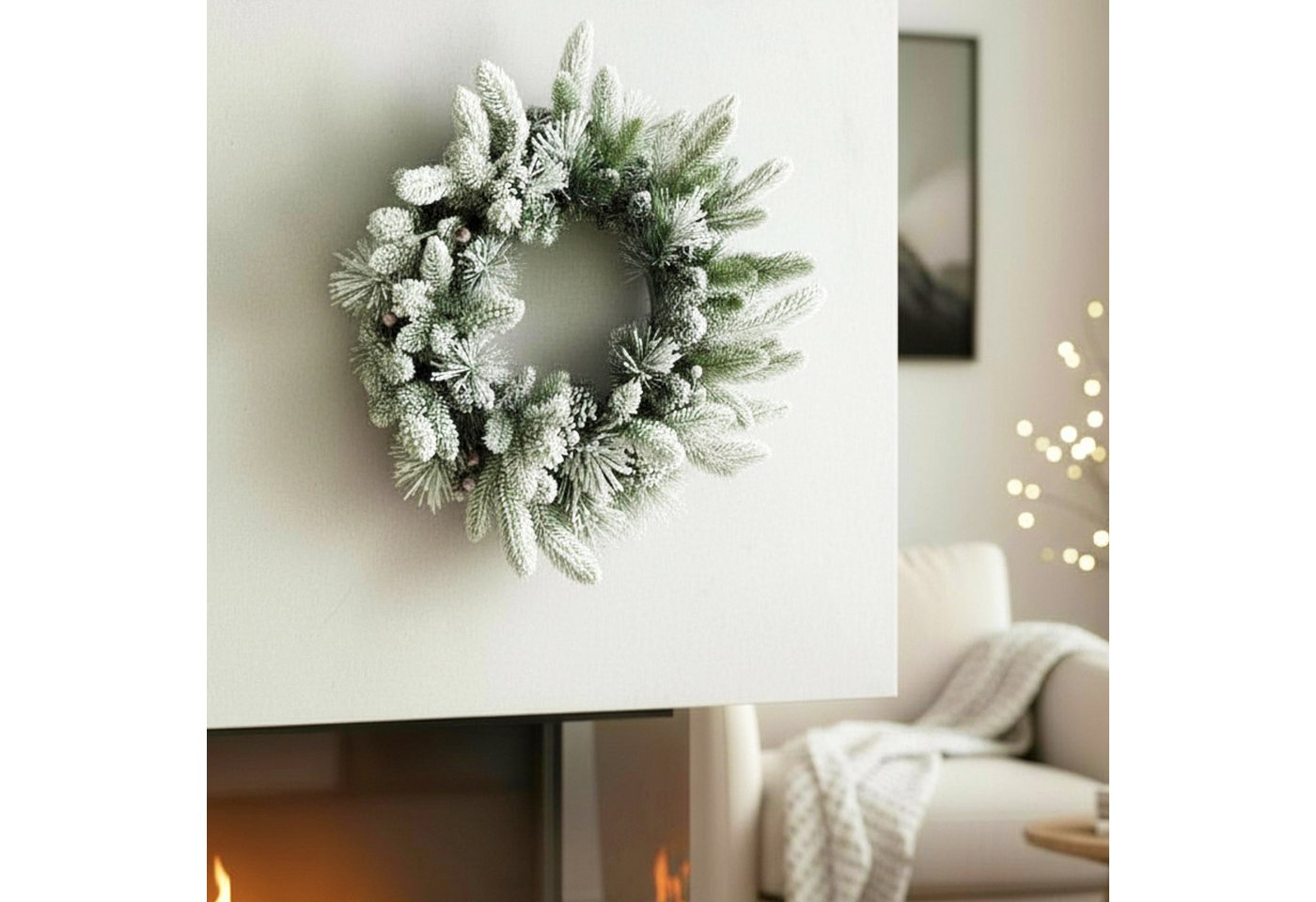 Arnusa Dekokranz Weihnachtskranz 50 cm verschneit Türkranz mit Schnee, Weihnachtsdeko mit Kunstschnee