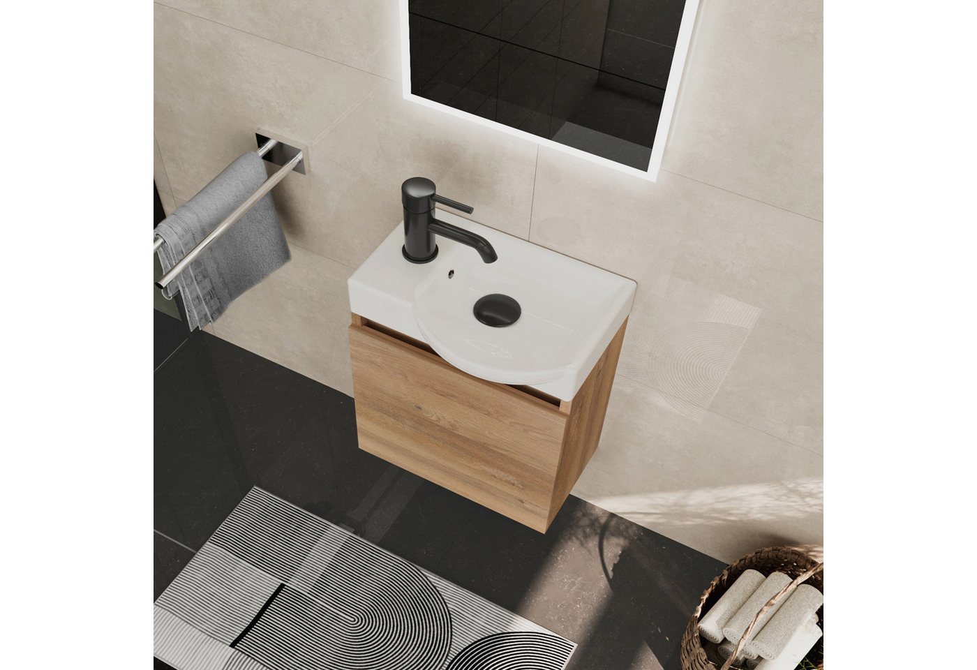 Alpenberger Waschtisch-Set Waschtisch mit Unterschrank hängend 45 cm Gäste WC, (Soft-Close Tür, MDF Bamboo, Keramik Becken Rechts mit Überlauf), Waschbecken mit Unterschrank klein & wandhängend