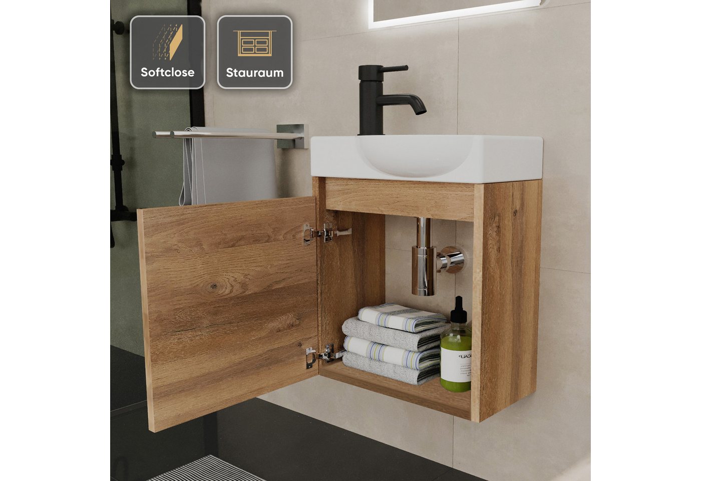 Alpenberger Waschtisch-Set Waschtisch mit Unterschrank hängend 45 cm Gäste WC, (Soft-Close Tür, MDF Bamboo, Keramik Becken Rechts mit Überlauf), Waschbecken mit Unterschrank klein & wandhängend Bild 3