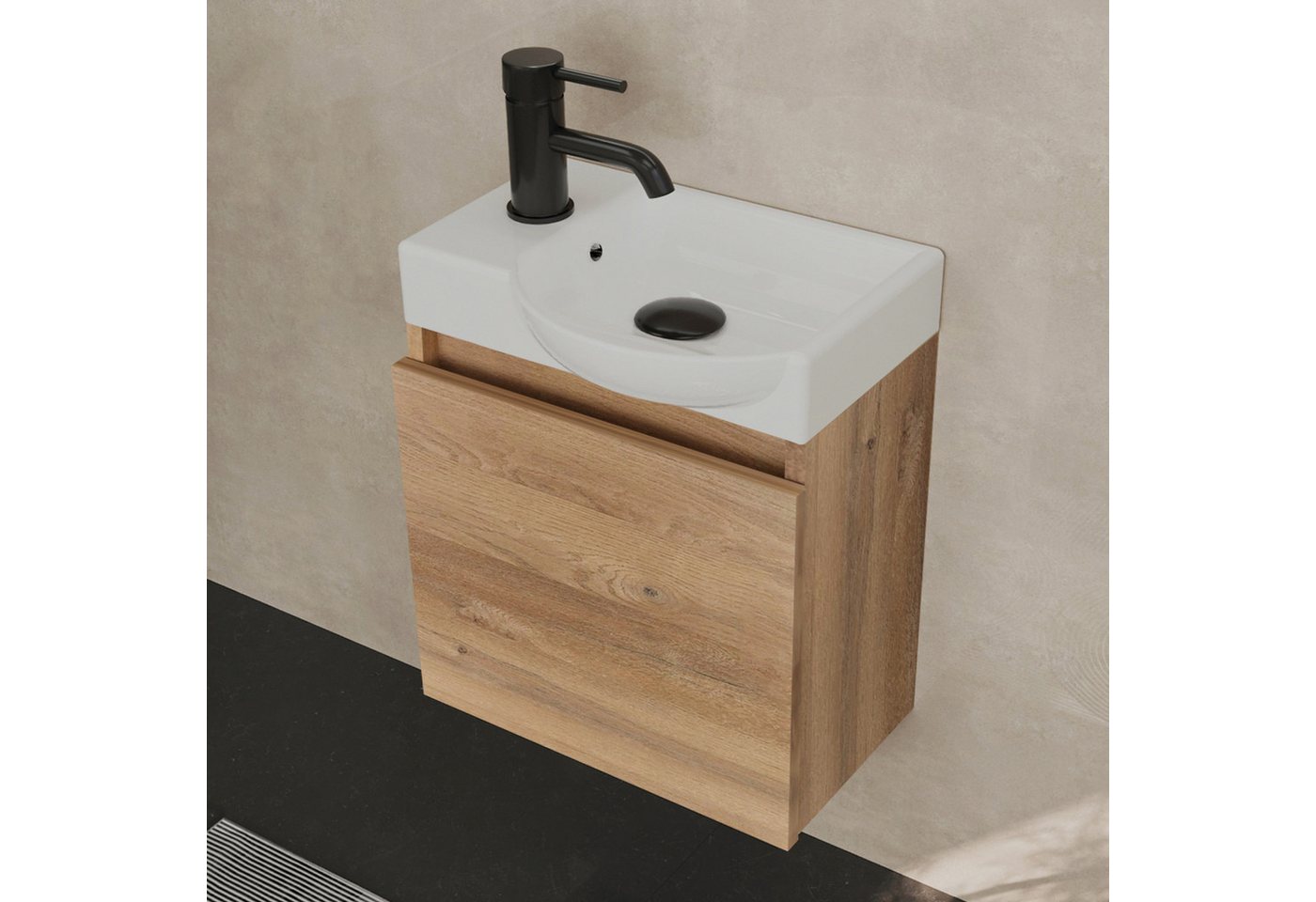 Alpenberger Waschtisch-Set Waschtisch mit Unterschrank hängend 45 cm Gäste WC, (Soft-Close Tür, MDF Bamboo, Keramik Becken Rechts mit Überlauf), Waschbecken mit Unterschrank klein & wandhängend Bild 4