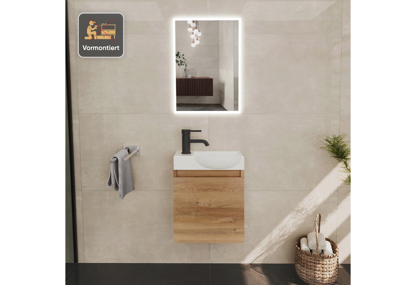 Alpenberger Waschtisch-Set Waschtisch mit Unterschrank hängend 45 cm Gäste WC, (Soft-Close Tür, MDF Bamboo, Keramik Becken Rechts mit Überlauf), Waschbecken mit Unterschrank klein & wandhängend Bild 5
