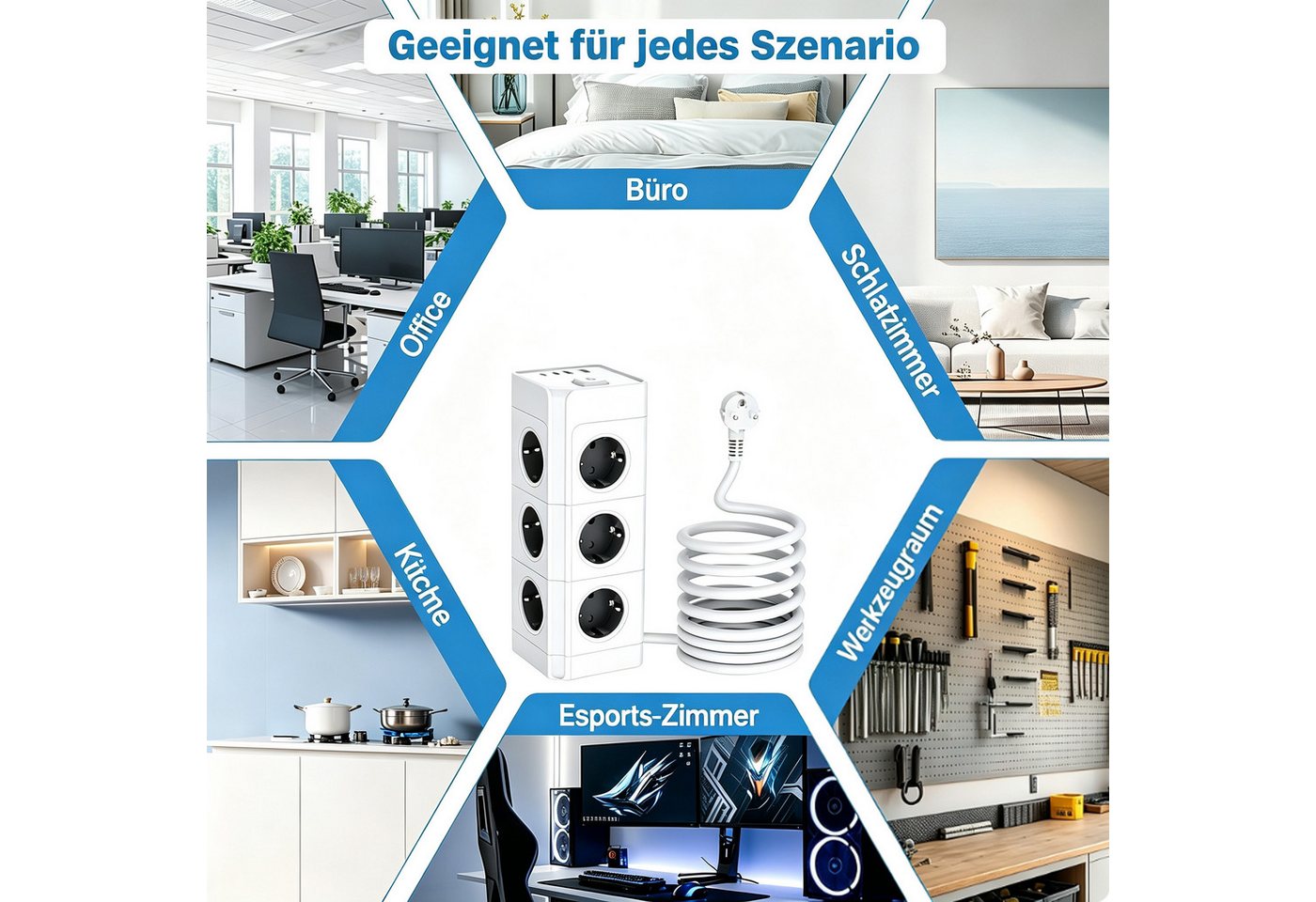 ibettertec 12 Fach Mehrfachsteckdose mit 4 USB Steckdosenturm Steckdosenleiste Steckdosenleiste 12-fach (Ein-/Ausschalter, USB-Anschlüsse, Schutzkontaktkupplung, Schutzkontaktstecker, Überspannungsschutz), Steckdosenleiste mit 1 Einzelnen Schalter Überspannungsschutz