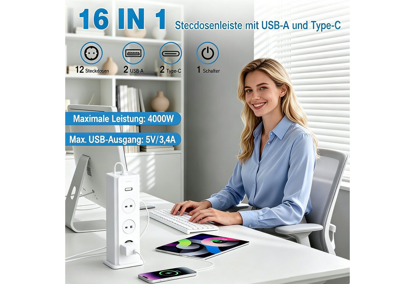 ibettertec 12 Fach Mehrfachsteckdose mit 4 USB Steckdosenturm Steckdosenleiste Steckdosenleiste 12-fach (Ein-/Ausschalter, USB-Anschlüsse, Schutzkontaktkupplung, Schutzkontaktstecker, Überspannungsschutz), Steckdosenleiste mit 1 Einzelnen Schalter Überspannungsschutz Bild 5