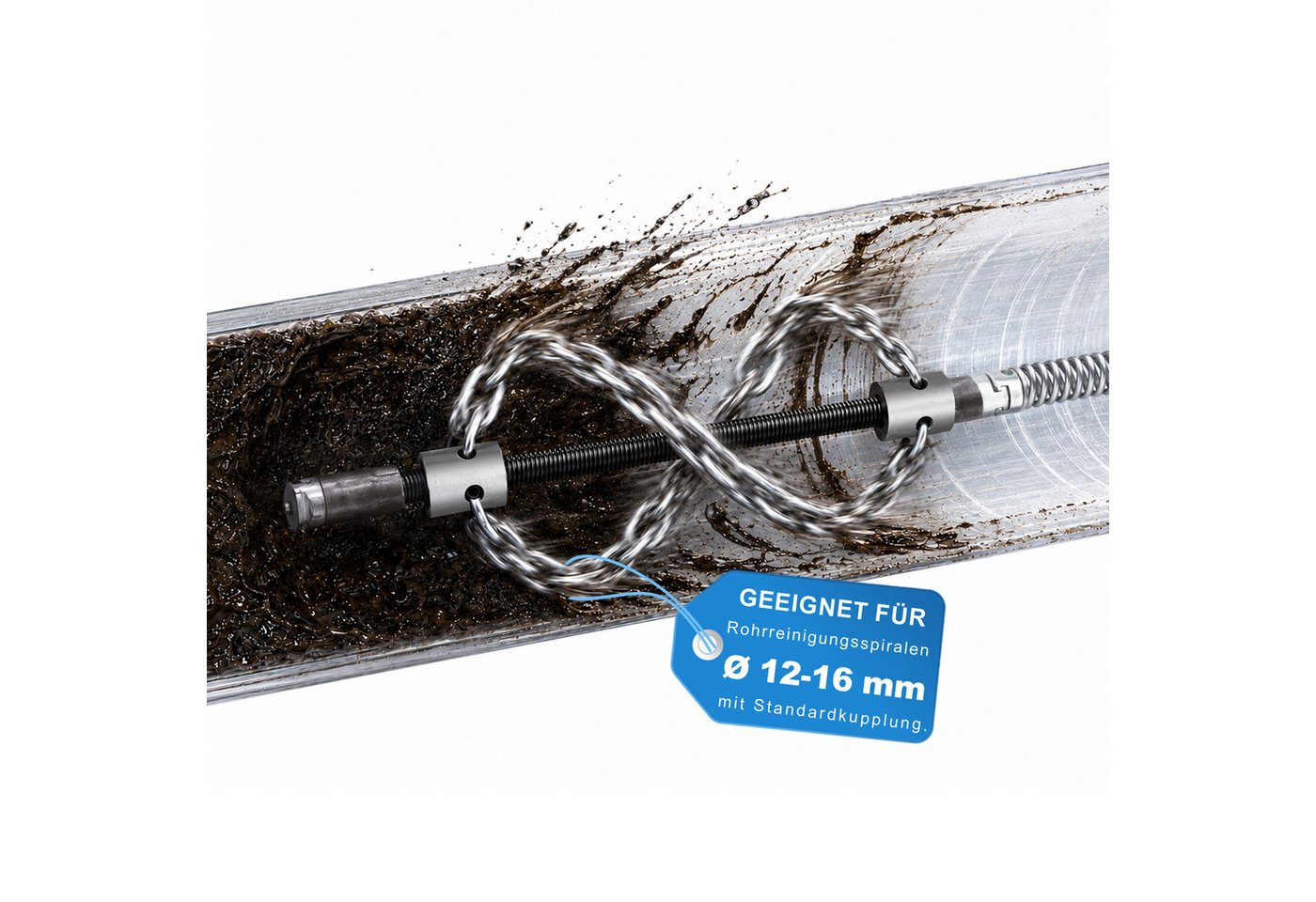 XERSEK Rohrreinigungsspirale 12–16 mm Kettenschleuderkopf Rohrreinigungsaufsatz, Rohr Ø50–200 mm, (Rohrreinigungswerkzeug, Doppelketten-Schneidkopf-Reiniger), Kompatible Rohrreinigungsspiralen mit 12–16 mm Anschluss