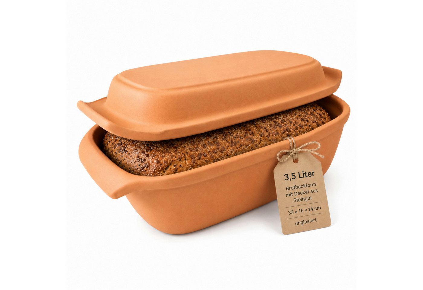 KERAZO Brotbackform 3,5L Keramik Bräter mit Deckel Brottopf Auflaufform 33x16x14cm, natur, Bräter ohne Glasur, für knuspriges Brot und saftige Ofengerichte Bild 2