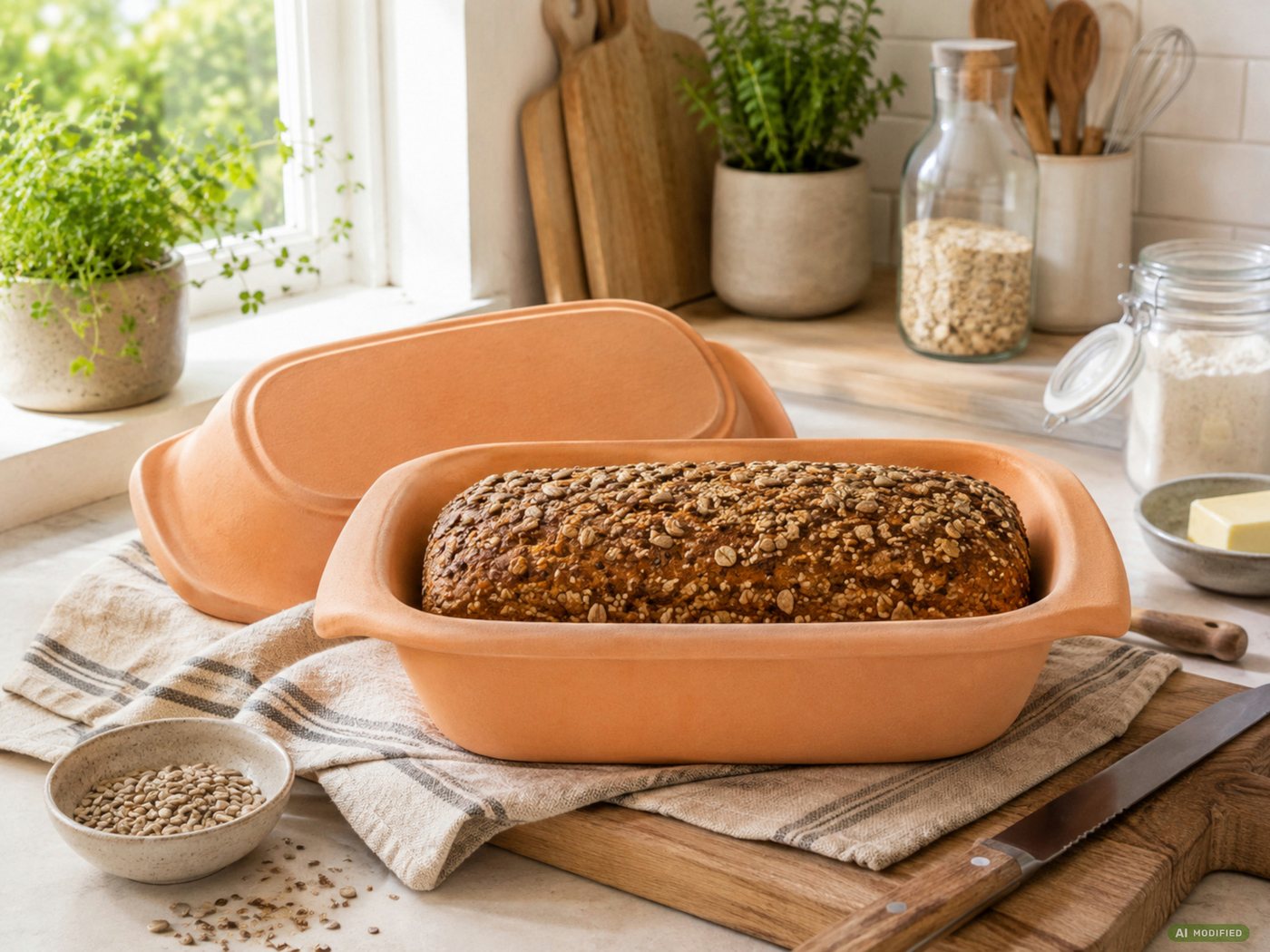 KERAZO Brotbackform 3,5L Keramik Bräter mit Deckel Brottopf Auflaufform 33x16x14cm, natur, Bräter ohne Glasur, für knuspriges Brot und saftige Ofengerichte Bild 4
