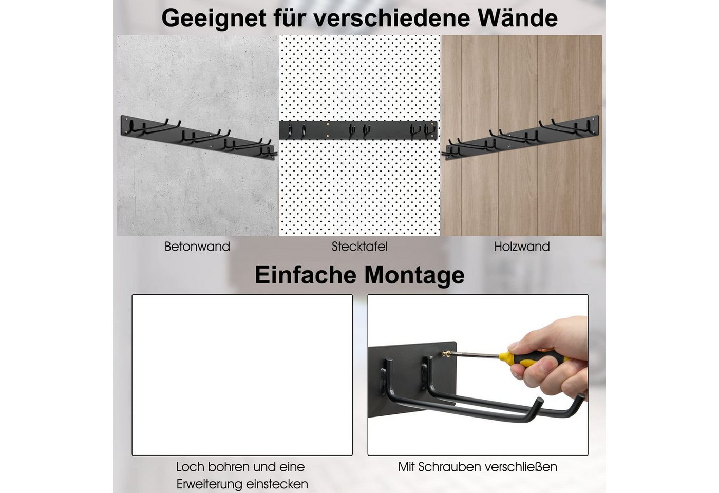 wohnTRAUM24 Gartengerätehalter Gerätehalter Wandhalterung aus Stahl, inkl. 4 Doppelhaken, (Werkzeughalter für Besen, Schaufel, Rechen, Gartengeräte)