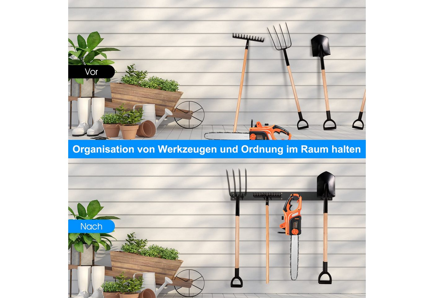 wohnTRAUM24 Gartengerätehalter Gerätehalter Wandhalterung aus Stahl, inkl. 4 Doppelhaken, (Werkzeughalter für Besen, Schaufel, Rechen, Gartengeräte) Bild 2