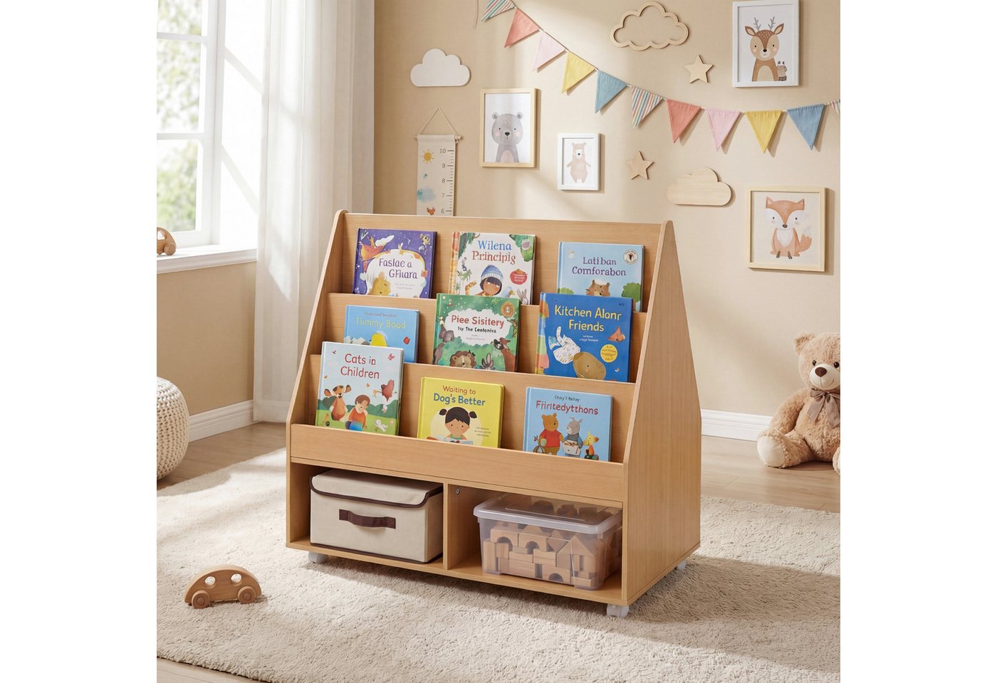 COSTWAY Kinderregal, Kinderregal doppelseitig mit Kreidetafel & Rollen