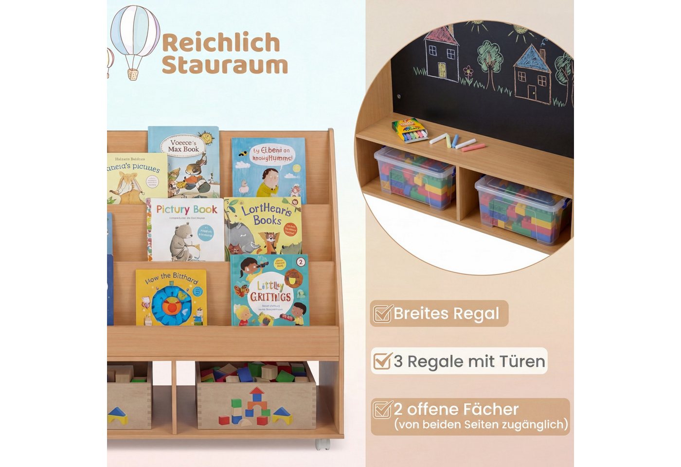 COSTWAY Kinderregal, Kinderregal doppelseitig mit Kreidetafel & Rollen Bild 3