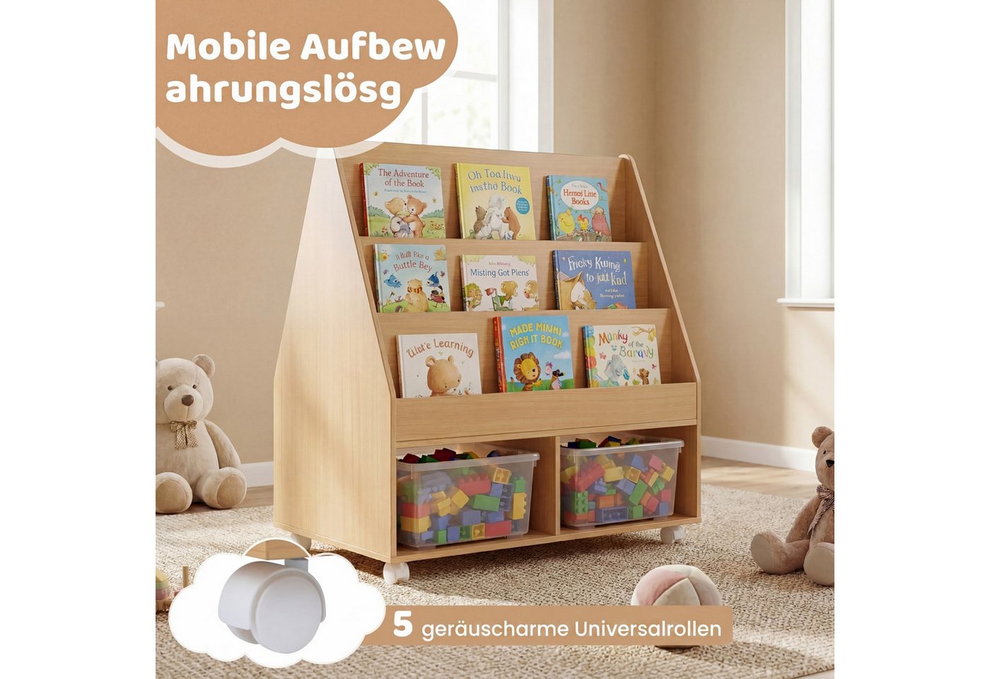 COSTWAY Kinderregal, Kinderregal doppelseitig mit Kreidetafel & Rollen Bild 5